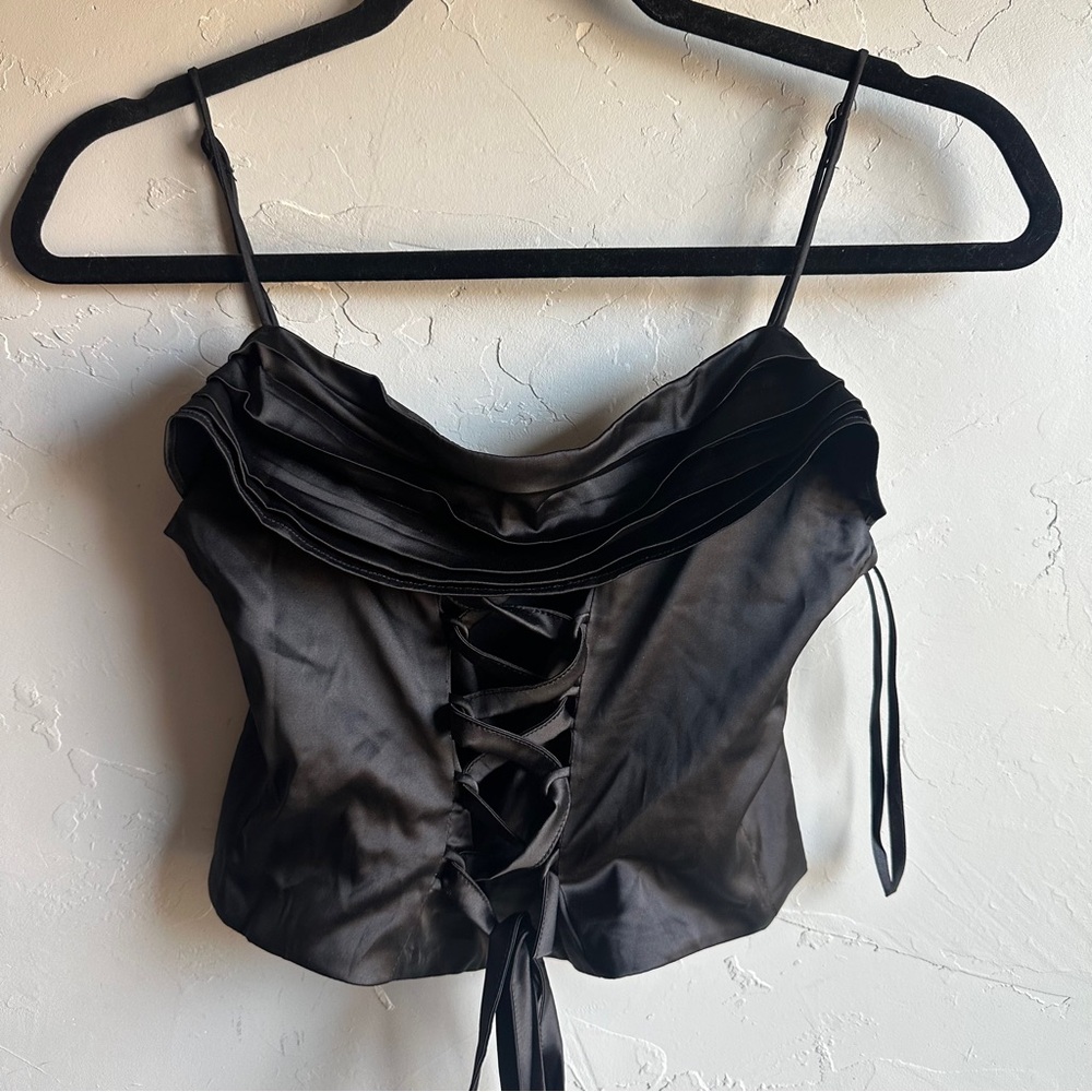 NWT Superdown Black Satin Corset Top Lace Up Bustier Y2K Dark Romantic Size S‎
